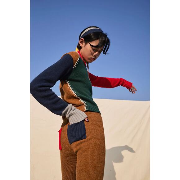 Yanyan Choi-Hung Colorblock Extra Long Sleeve Cardigan Button Chunky Yarn Sz S - Picture 3 of 10